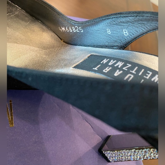 Stuart Weitzman Black Satin Slingbacks with Crystal Rhinestone Studded Heels - Picture 9 of 15